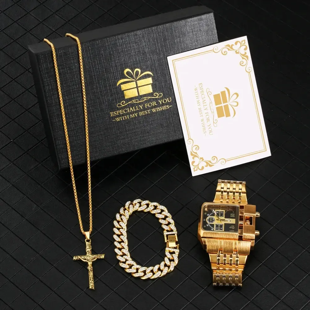 Men Business Golden Watch Set Luxury Watch Bracelet Necklace Set Men's Quartz Wrist Watches Fashion Gifts Set for Men Husband