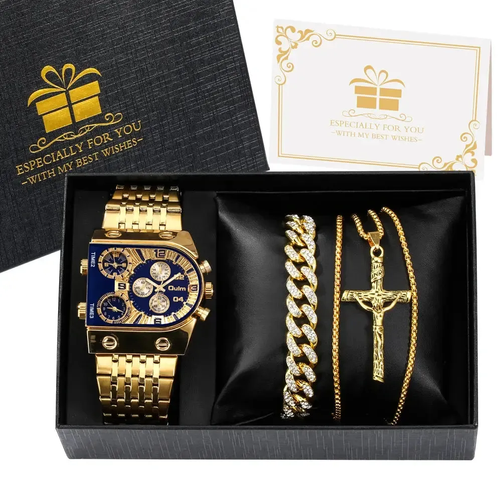 Men Business Golden Watch Set Luxury Watch Bracelet Necklace Set Men's Quartz Wrist Watches Fashion Gifts Set for Men Husband