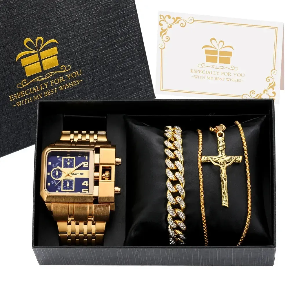 Men Business Golden Watch Set Luxury Watch Bracelet Necklace Set Men's Quartz Wrist Watches Fashion Gifts Set for Men Husband