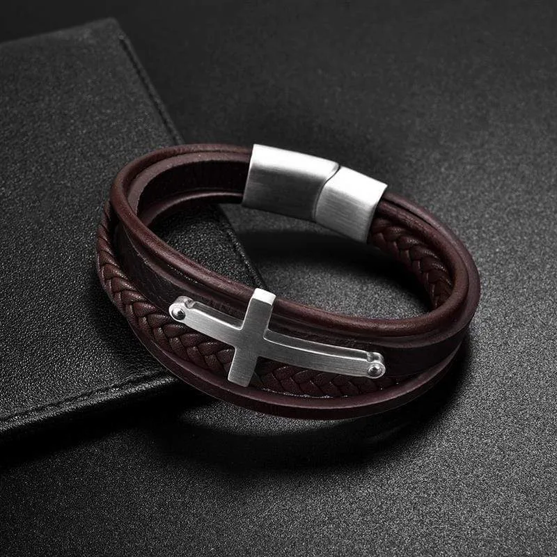 Men's Cross Bracelet<br> Brown Leather