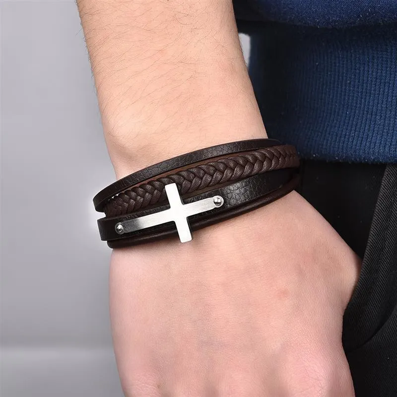 Men's Cross Bracelet<br> Brown Leather