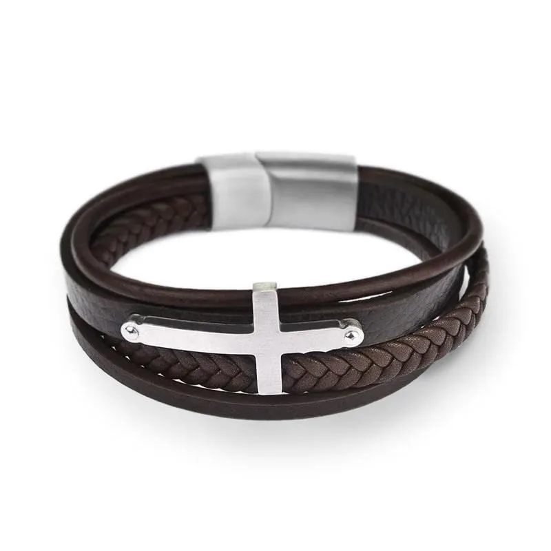 Men's Cross Bracelet<br> Brown Leather