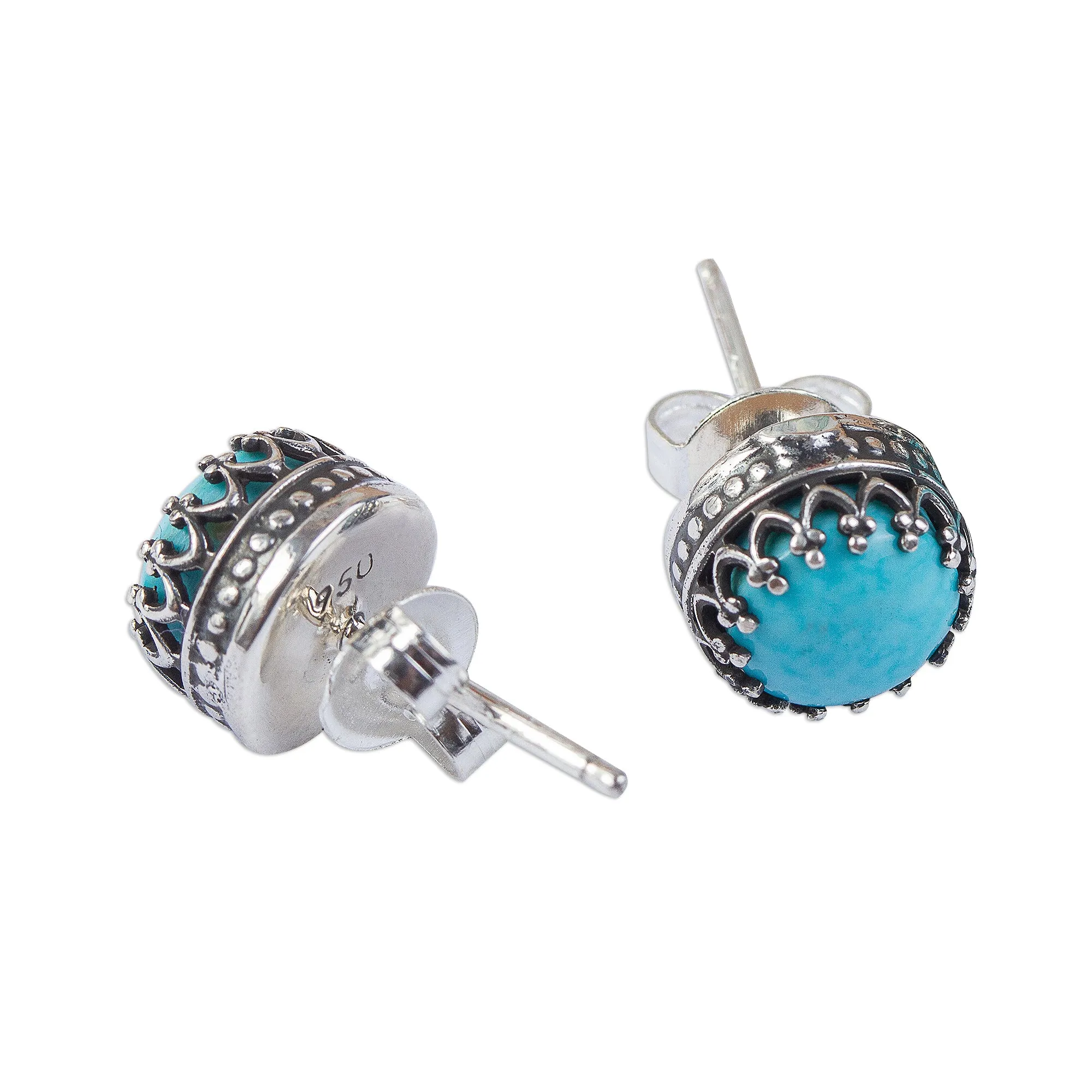 Natural Turquoise and Taxco Silver Stud Earrings - Elegant Fretwork | NOVICA