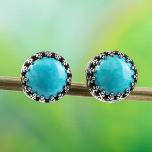 Natural Turquoise and Taxco Silver Stud Earrings - Elegant Fretwork | NOVICA