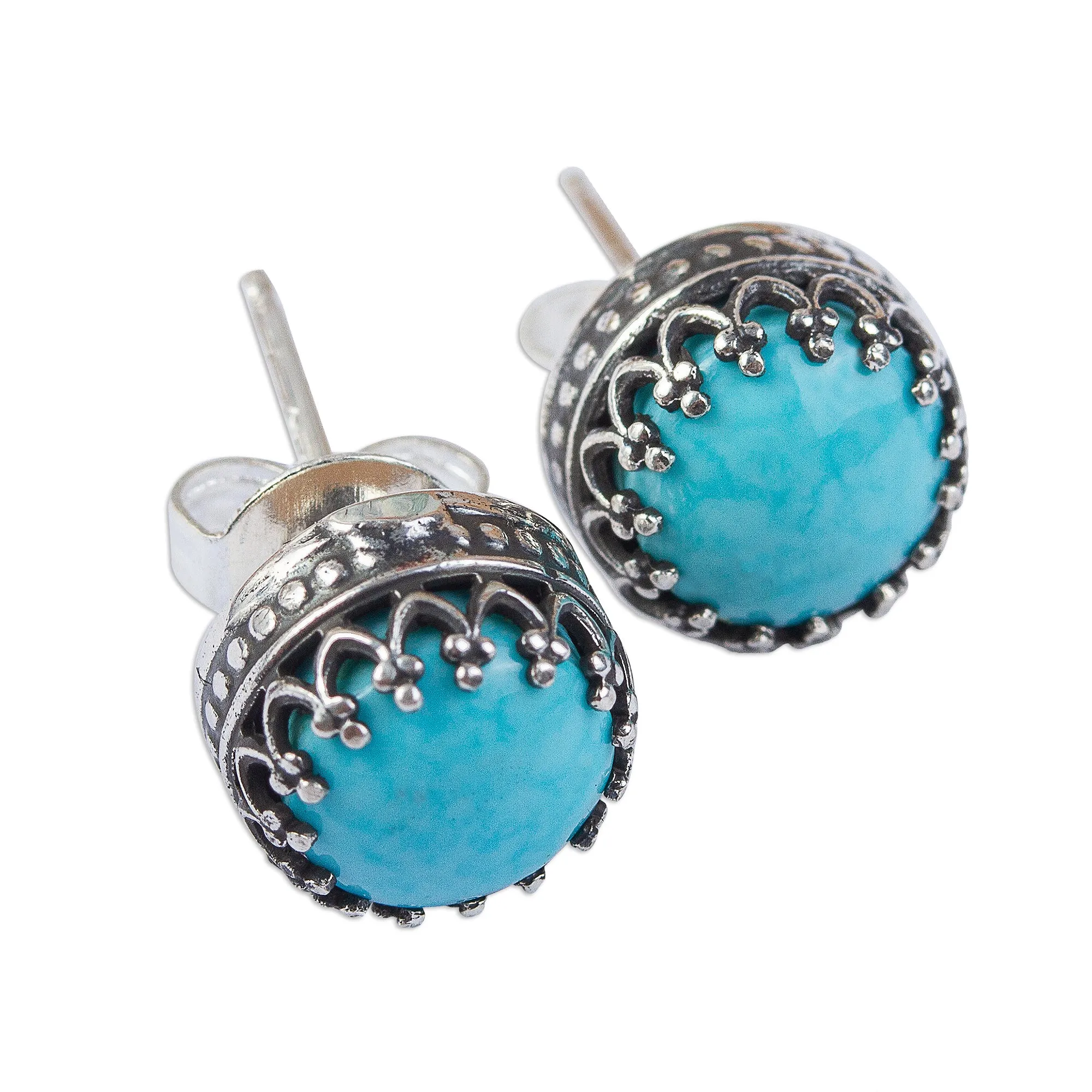 Natural Turquoise and Taxco Silver Stud Earrings - Elegant Fretwork | NOVICA