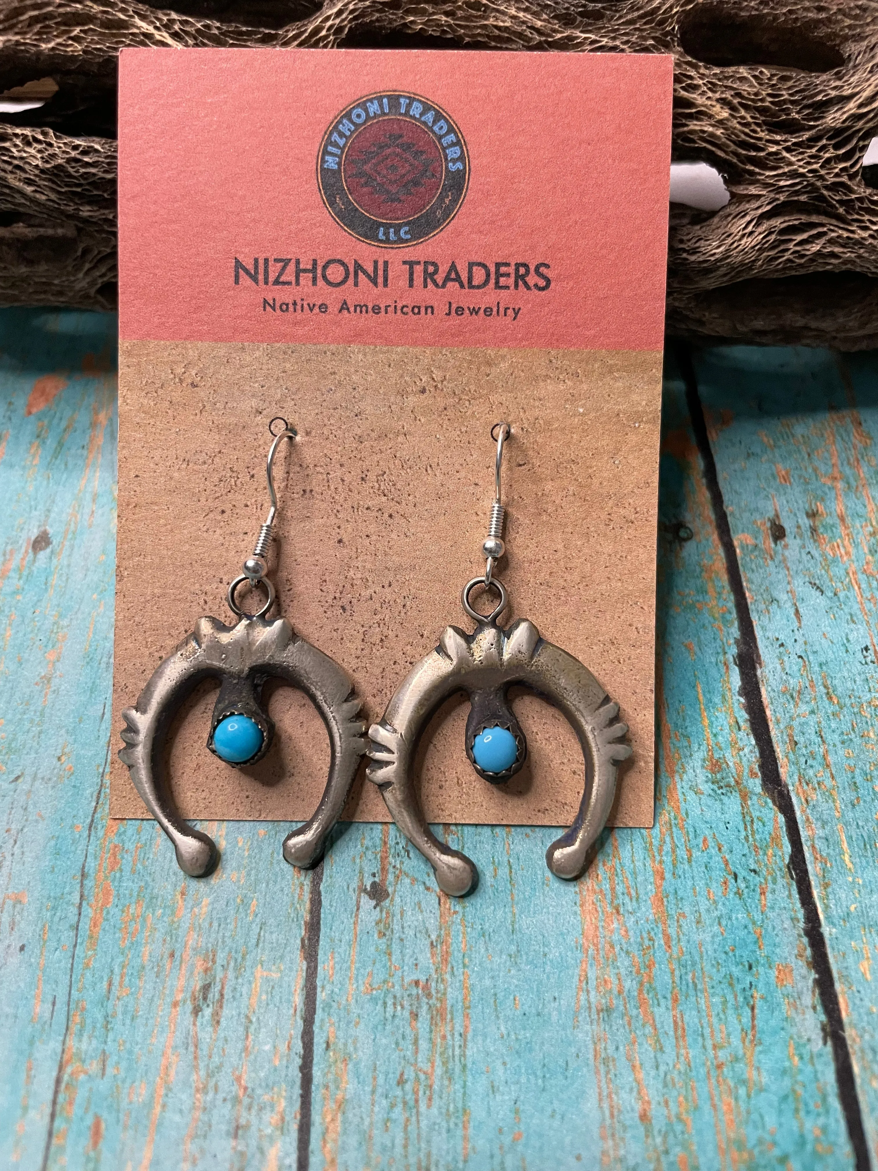 Navajo Sterling Silver Turquoise Naja Dangle Earrings Signed