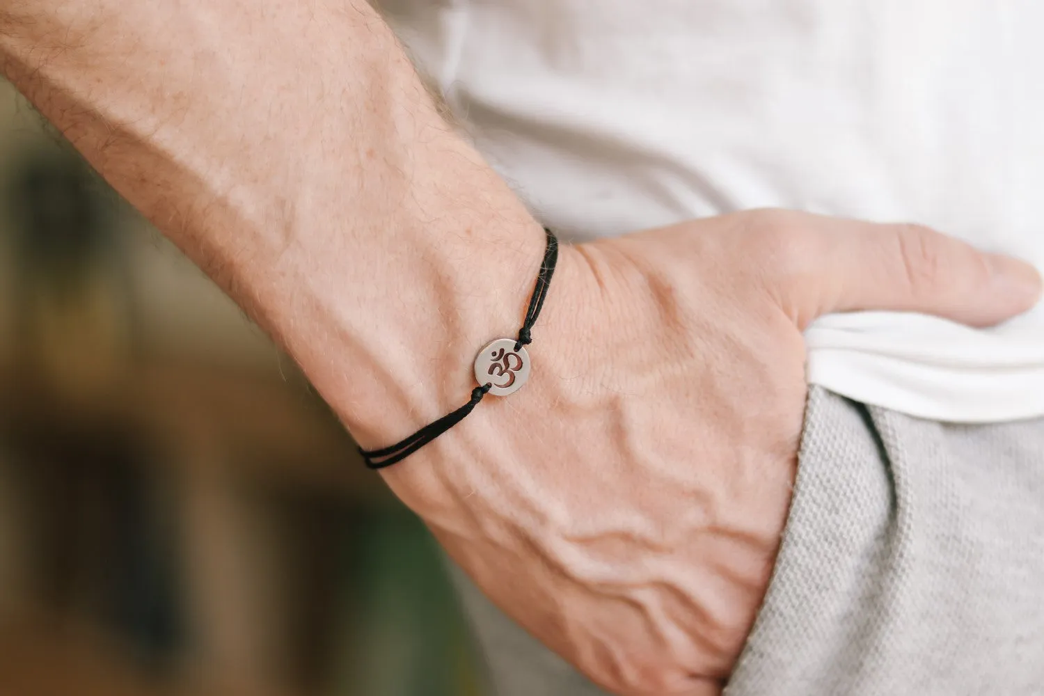 OM bracelet, men's bracelet silver tone Om charm, spiritual waterproof bracelet, festival jewelry