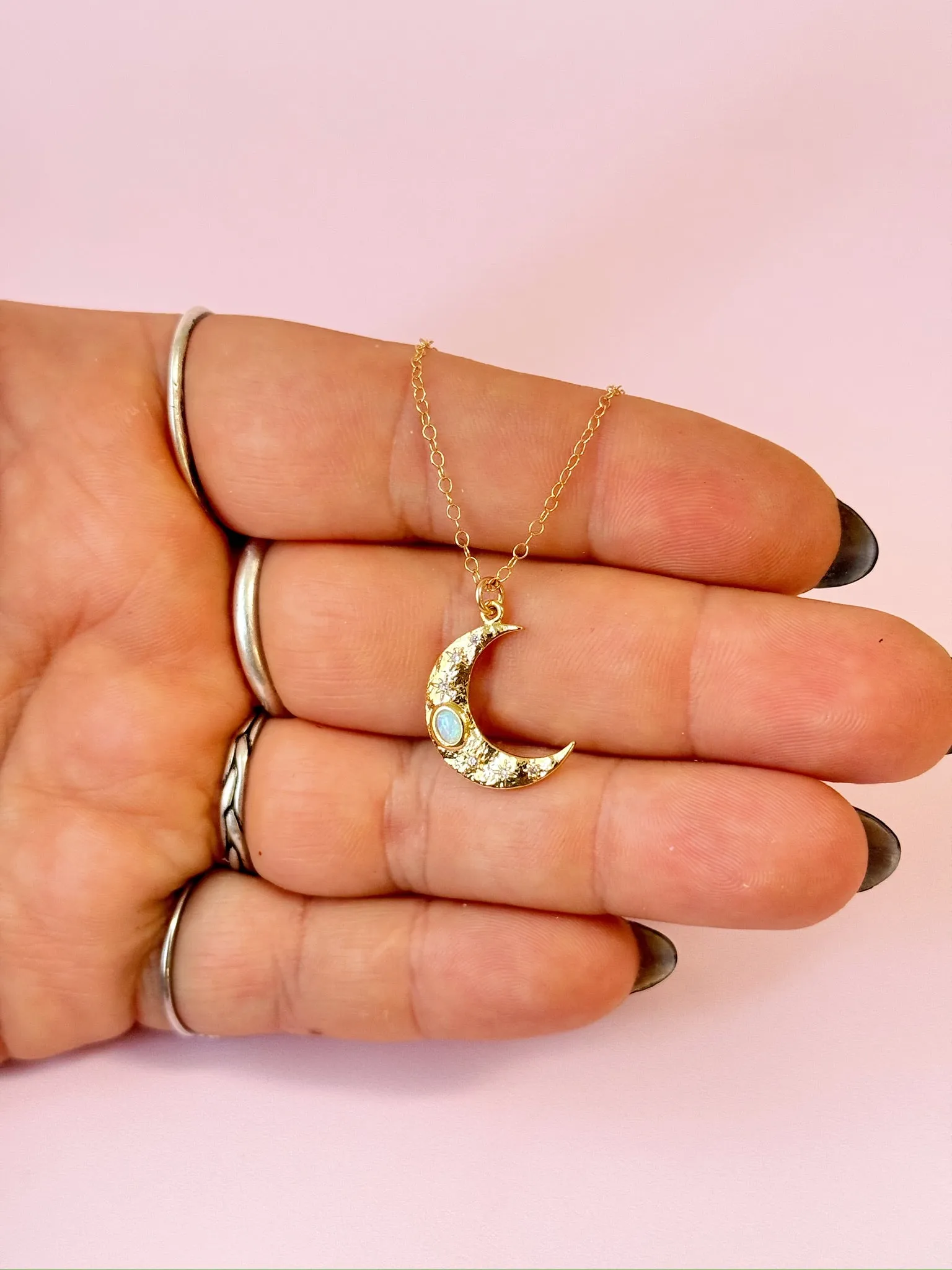 Opal Crescent Moon Pendant Necklace