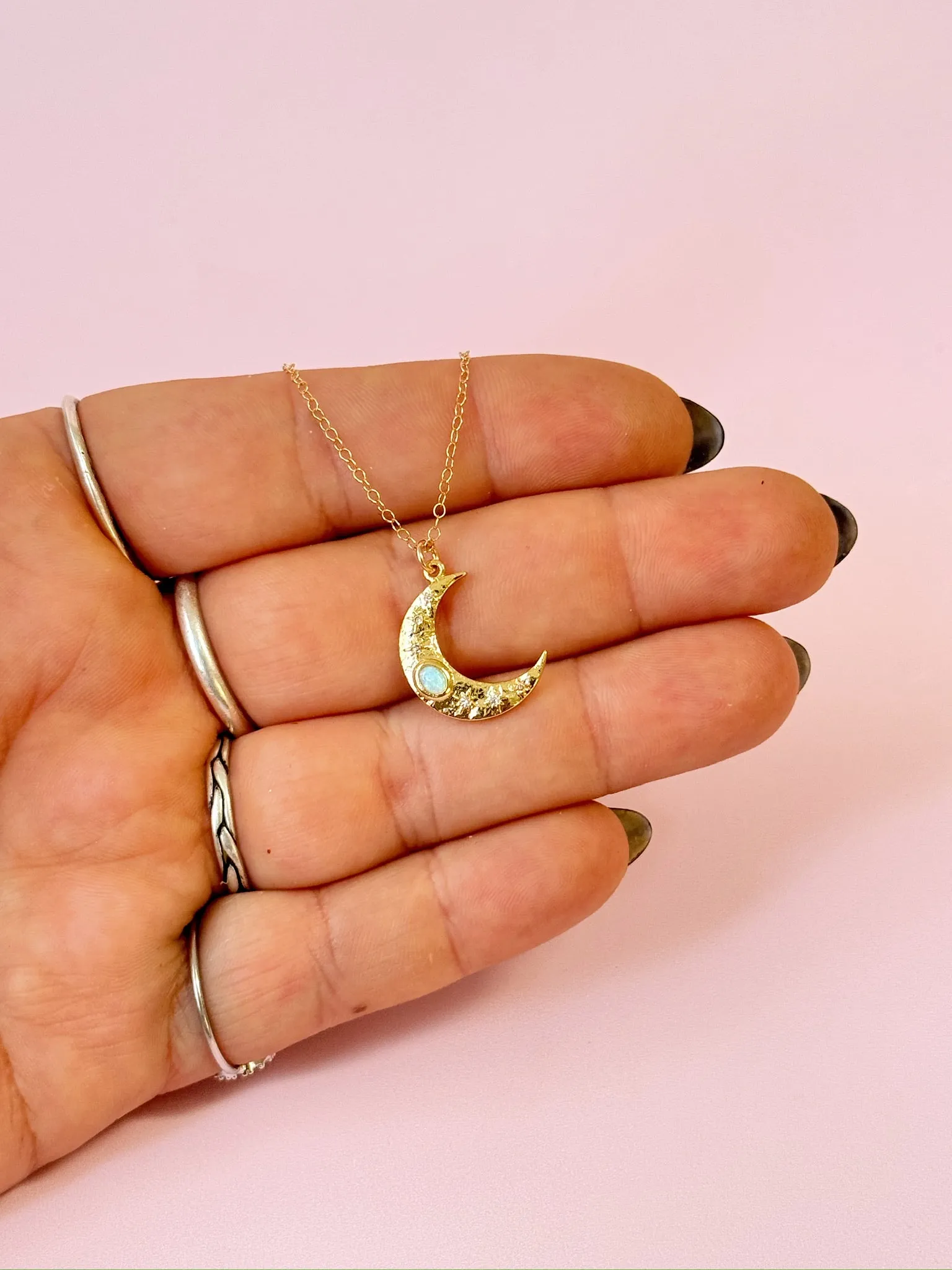 Opal Crescent Moon Pendant Necklace