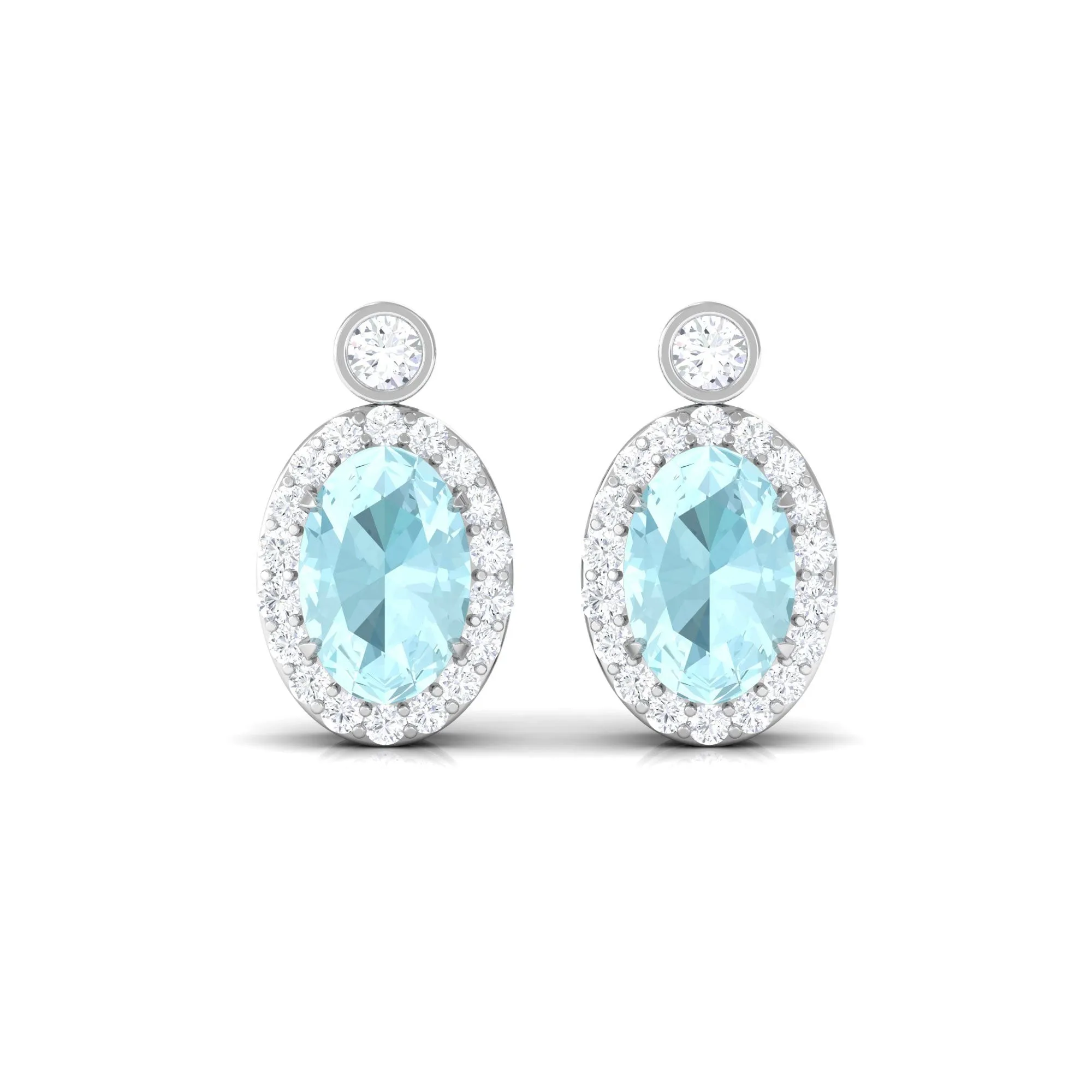 Oval Sky Blue Topaz Halo Stud Earrings with Diamond in Prong Setting