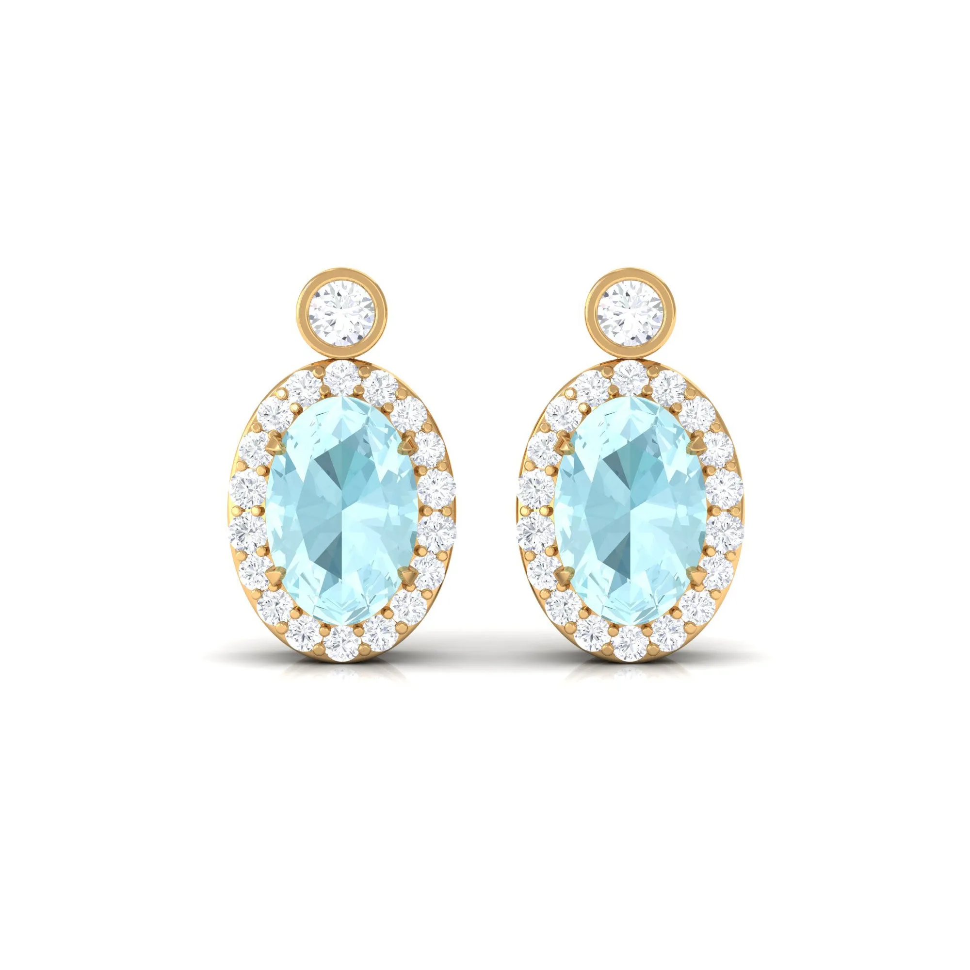 Oval Sky Blue Topaz Halo Stud Earrings with Diamond in Prong Setting