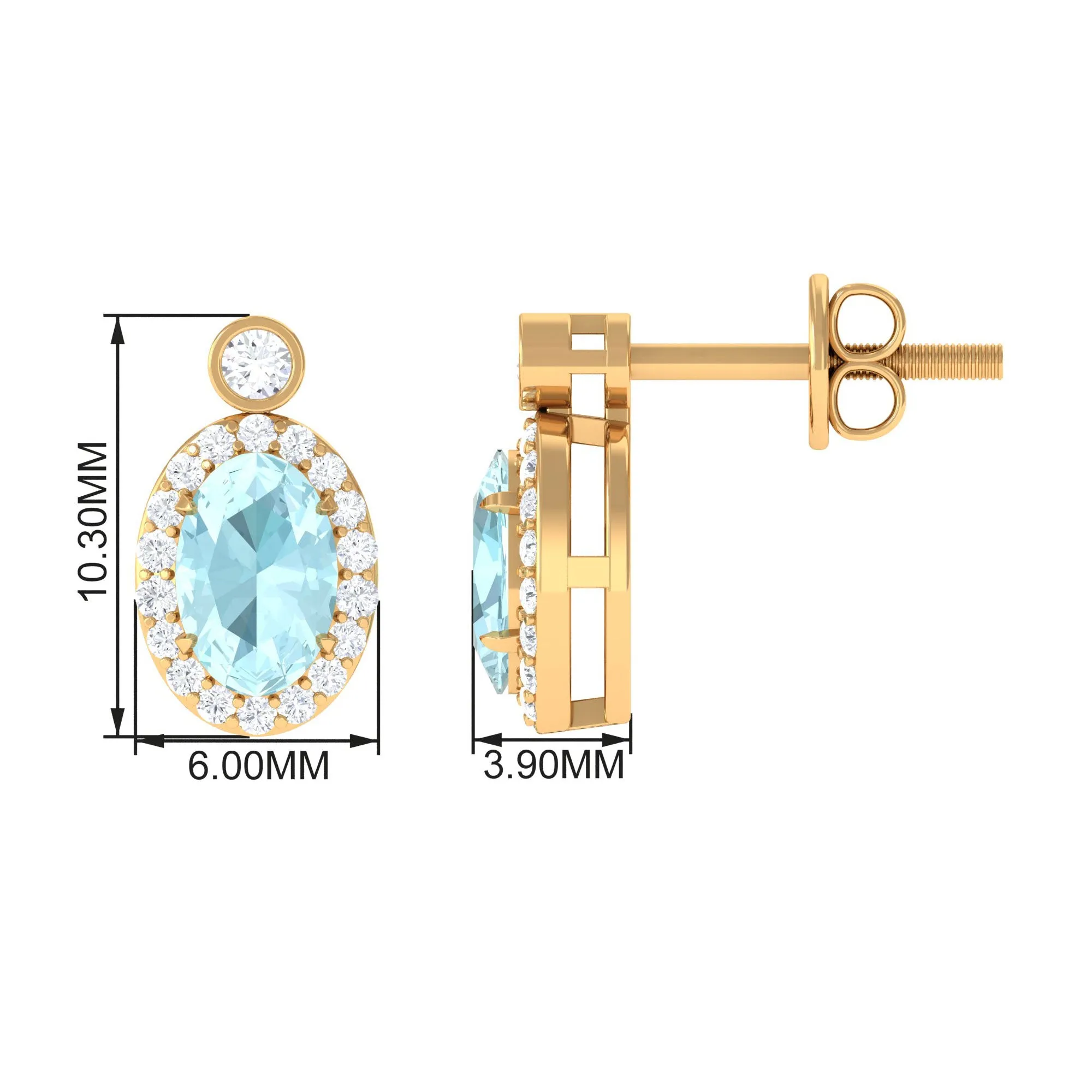 Oval Sky Blue Topaz Halo Stud Earrings with Diamond in Prong Setting