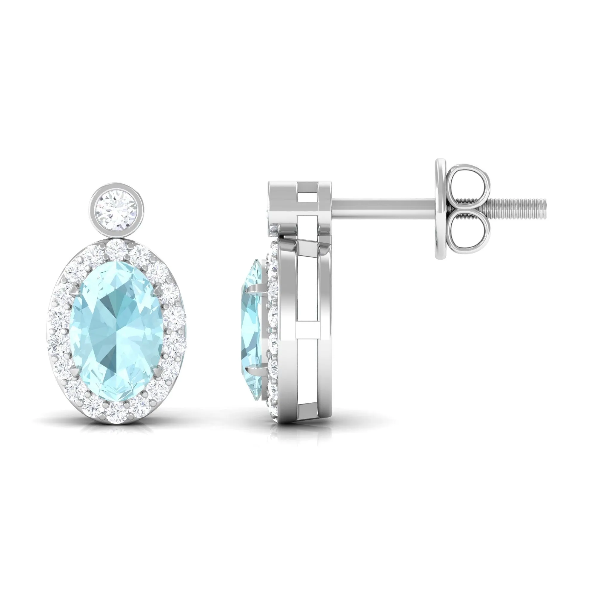 Oval Sky Blue Topaz Halo Stud Earrings with Diamond in Prong Setting