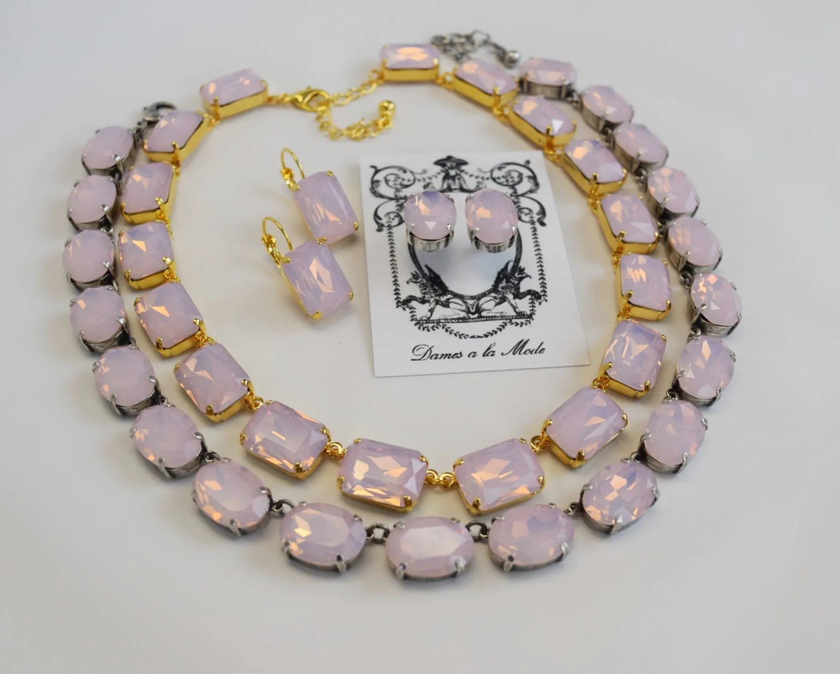 Pink Opal Crystal Collet Necklace - Large Octagon