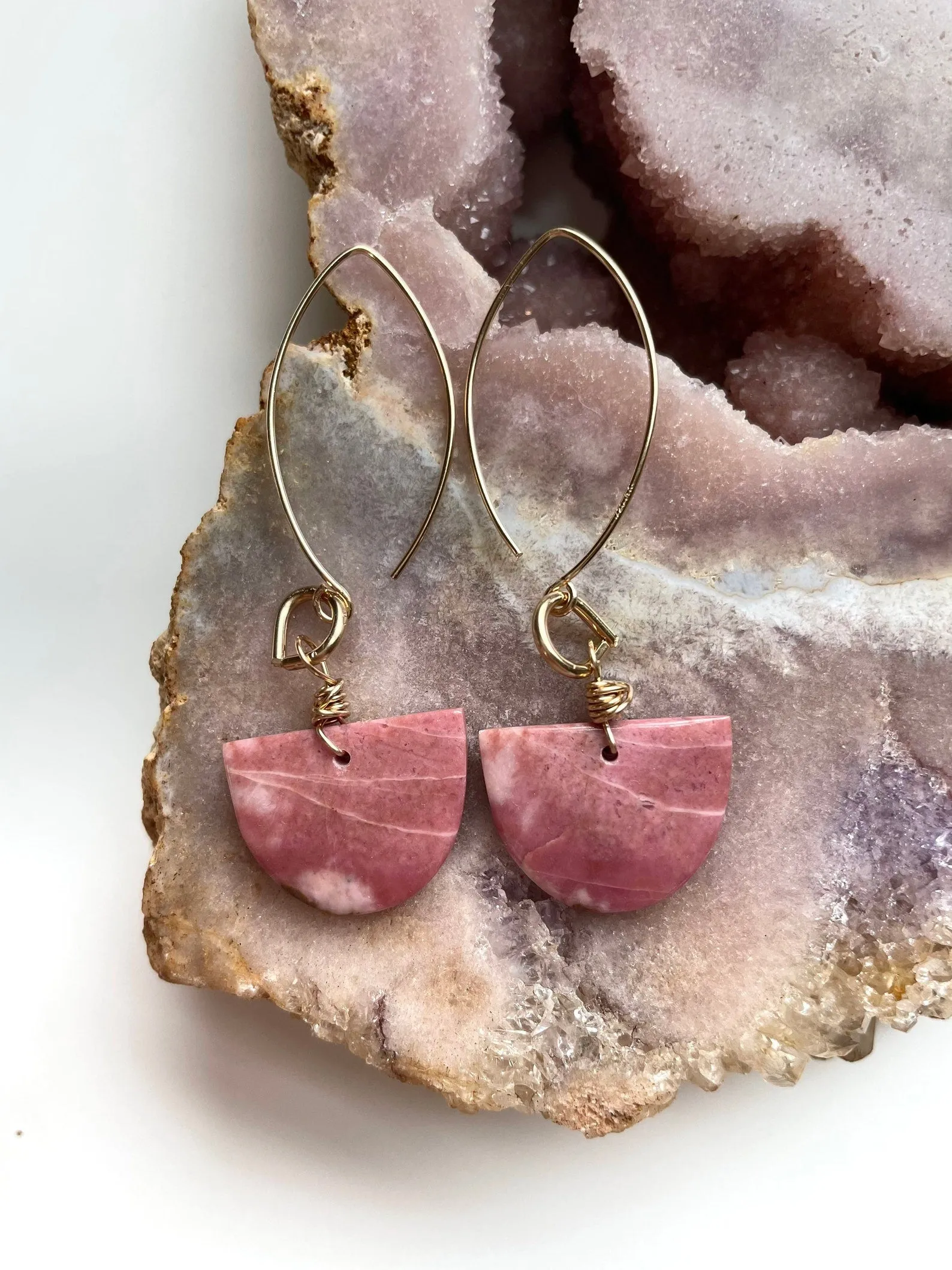 Pink Rhodonite Gold Filled Statement Crystal Gemstone Earrings