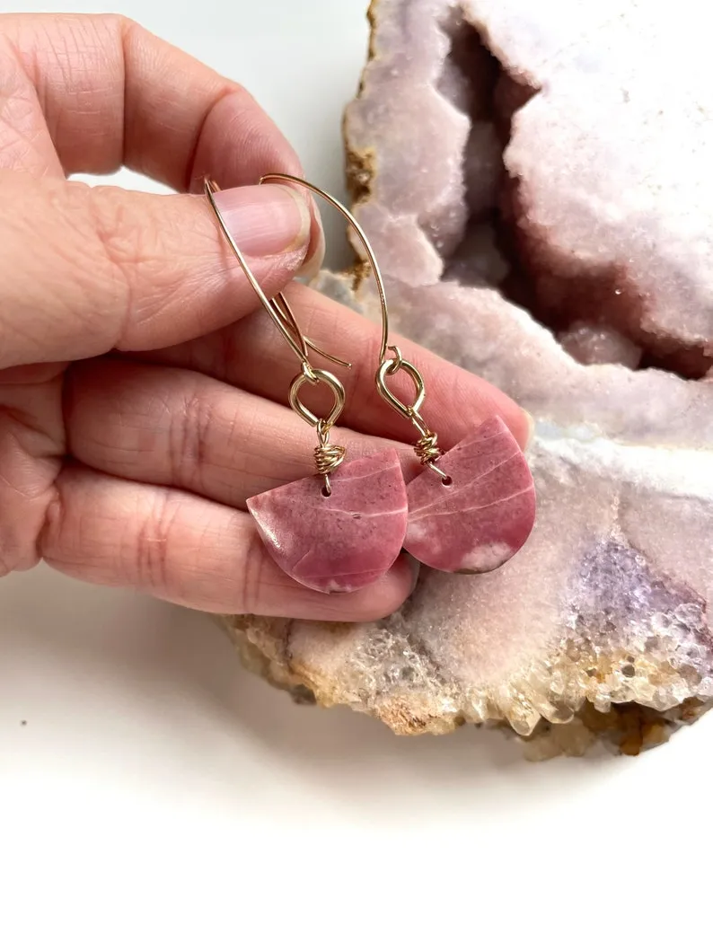 Pink Rhodonite Gold Filled Statement Crystal Gemstone Earrings