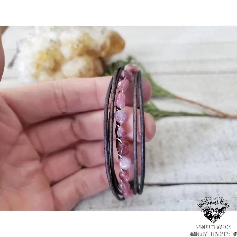 Pink Tourmaline leather bracelet