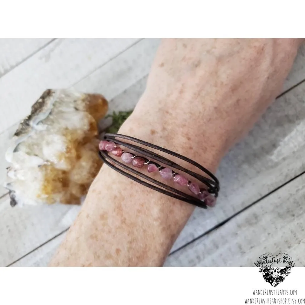 Pink Tourmaline leather bracelet