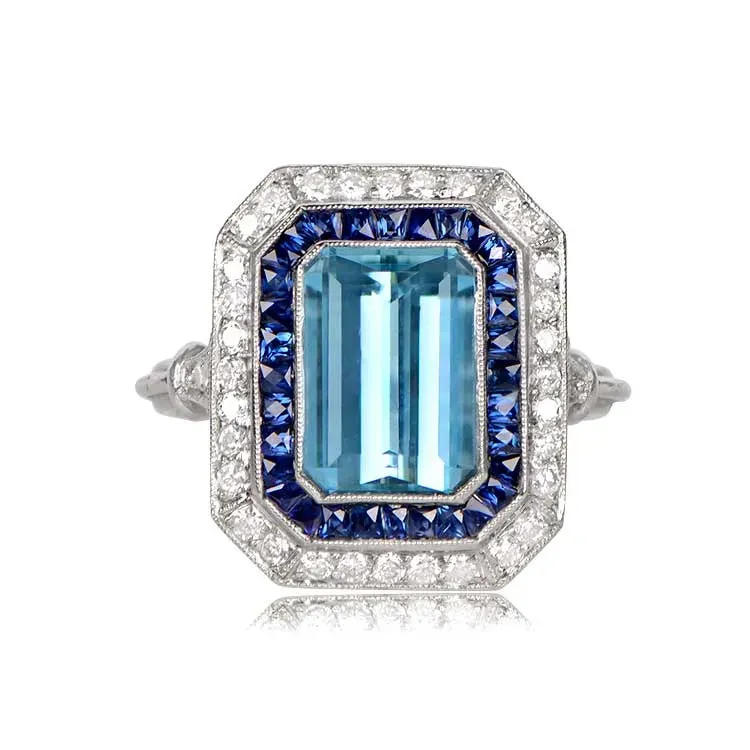 Platinum Deco style Aquamarine Sapphire and Diamond ring