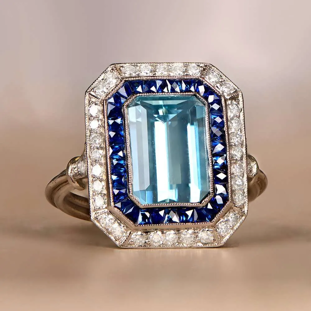 Platinum Deco style Aquamarine Sapphire and Diamond ring