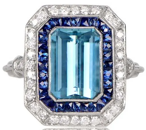 Platinum Deco style Aquamarine Sapphire and Diamond ring