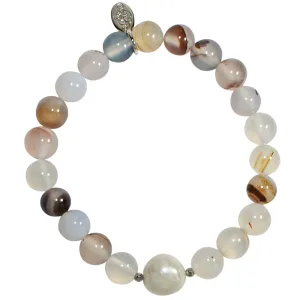 Precious Baroque Pearl and Flower Agate Stretch Bracelet (Silvertone)