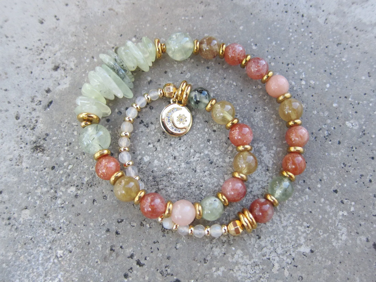 Prehnite & Sunstone Double Strand Bracelet with Moon & Star Charm