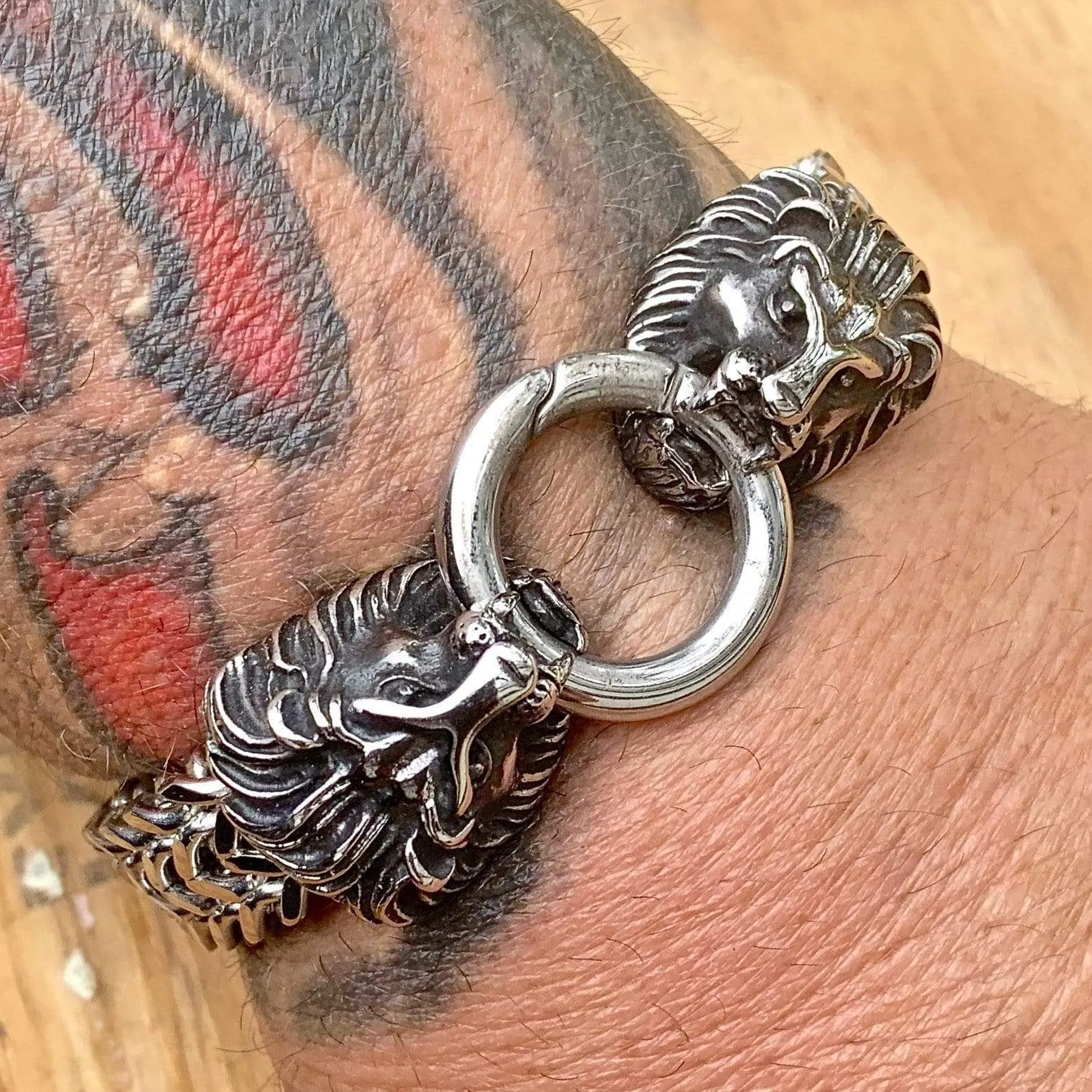 "Viking King" Bracelet - Lion Heads - Silver - 3/4 inch wide - B08