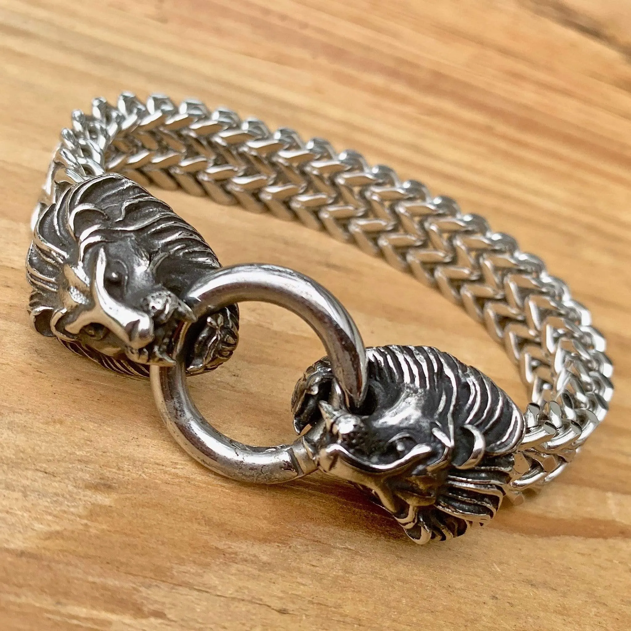 "Viking King" Bracelet - Lion Heads - Silver - 3/4 inch wide - B08