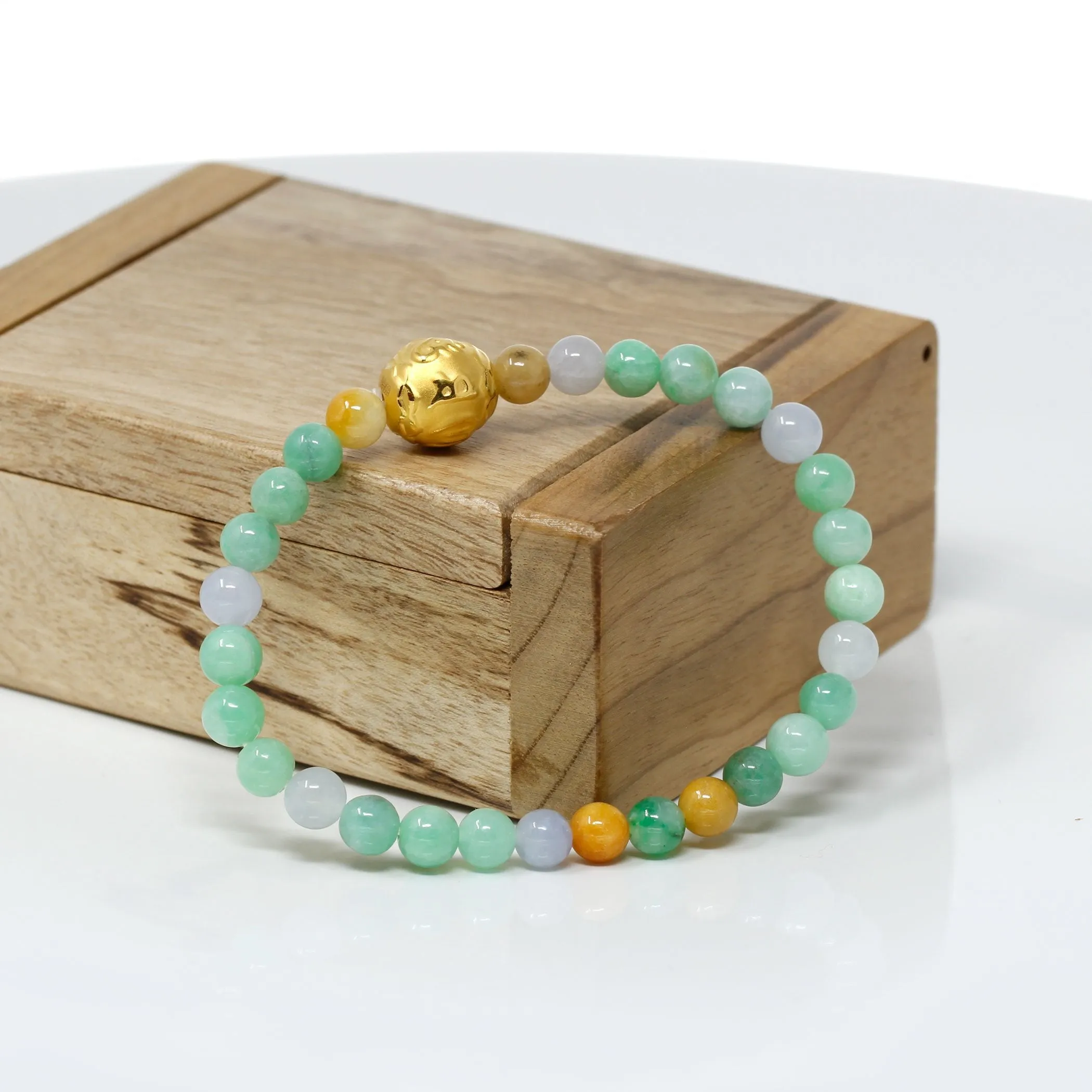 RealJade® "Proverb Ball" Genuine High-quality Jade Jadeite Bracelet Bangle with 24k Yellow Gold Buddha Symbol ( Six Word Proverbs ) Charm #429