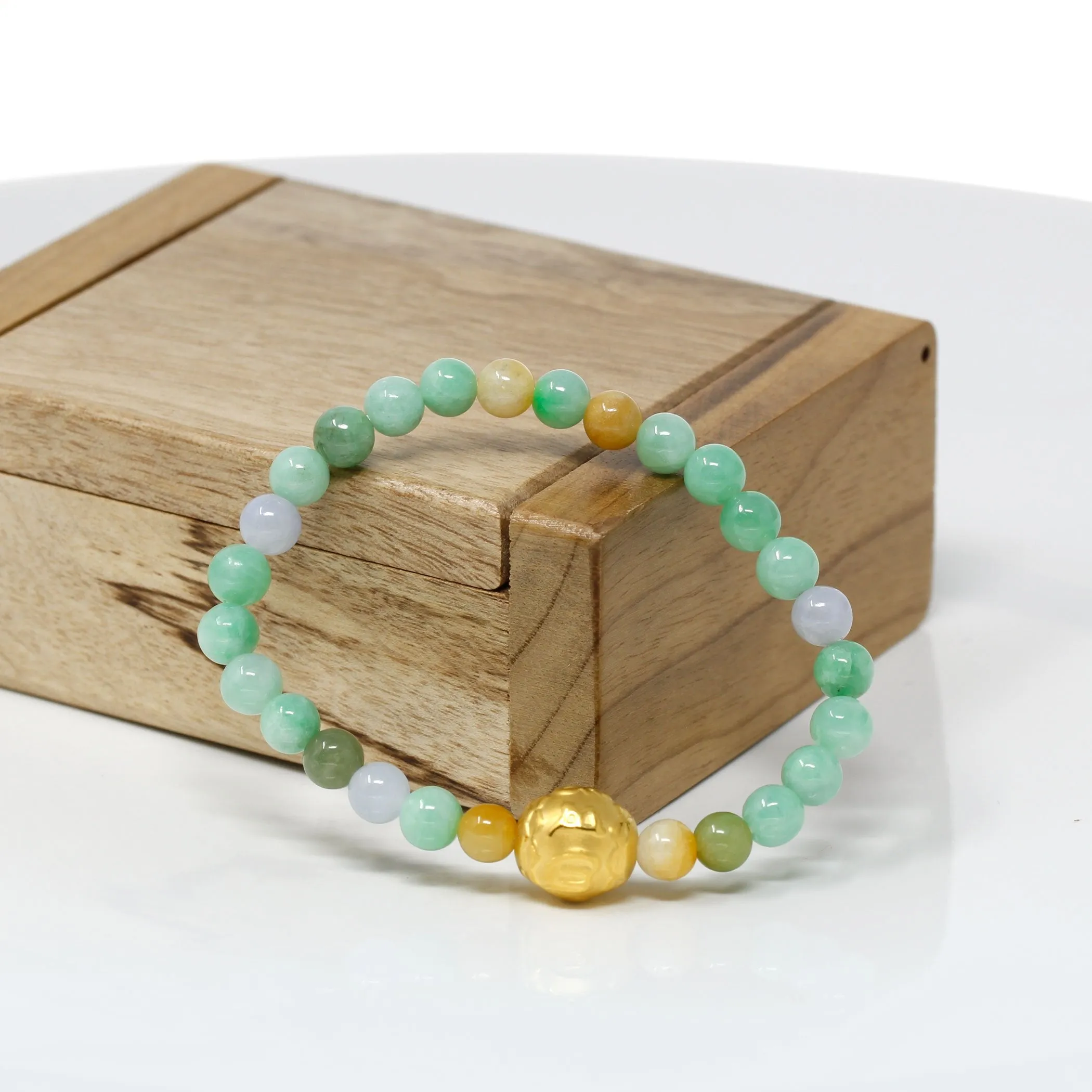 RealJade® "Proverb Ball" Genuine High-quality Jade Jadeite Bracelet Bangle with 24k Yellow Gold Buddha Symbol ( Six Word Proverbs ) Charm #429