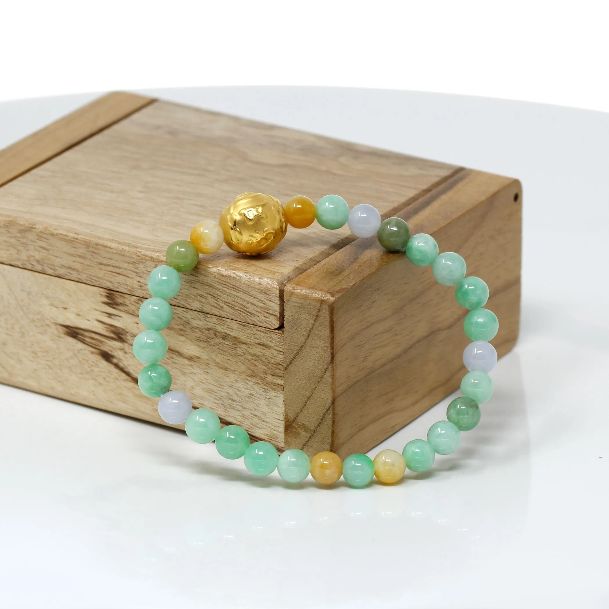 RealJade® "Proverb Ball" Genuine High-quality Jade Jadeite Bracelet Bangle with 24k Yellow Gold Buddha Symbol ( Six Word Proverbs ) Charm #429