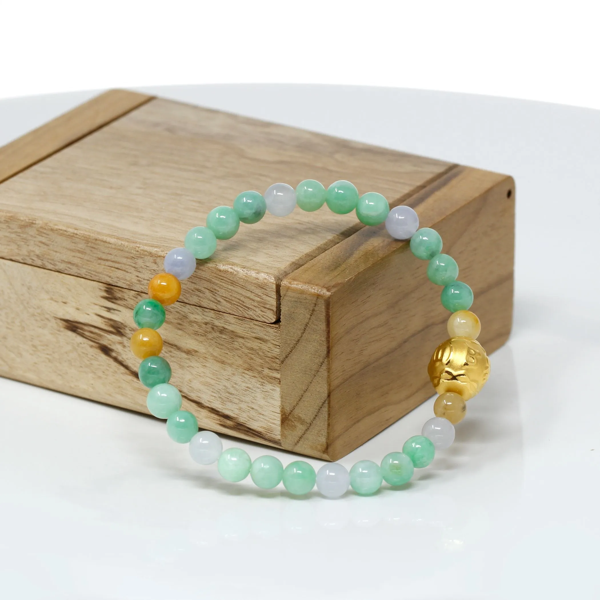 RealJade® "Proverb Ball" Genuine High-quality Jade Jadeite Bracelet Bangle with 24k Yellow Gold Buddha Symbol ( Six Word Proverbs ) Charm #429