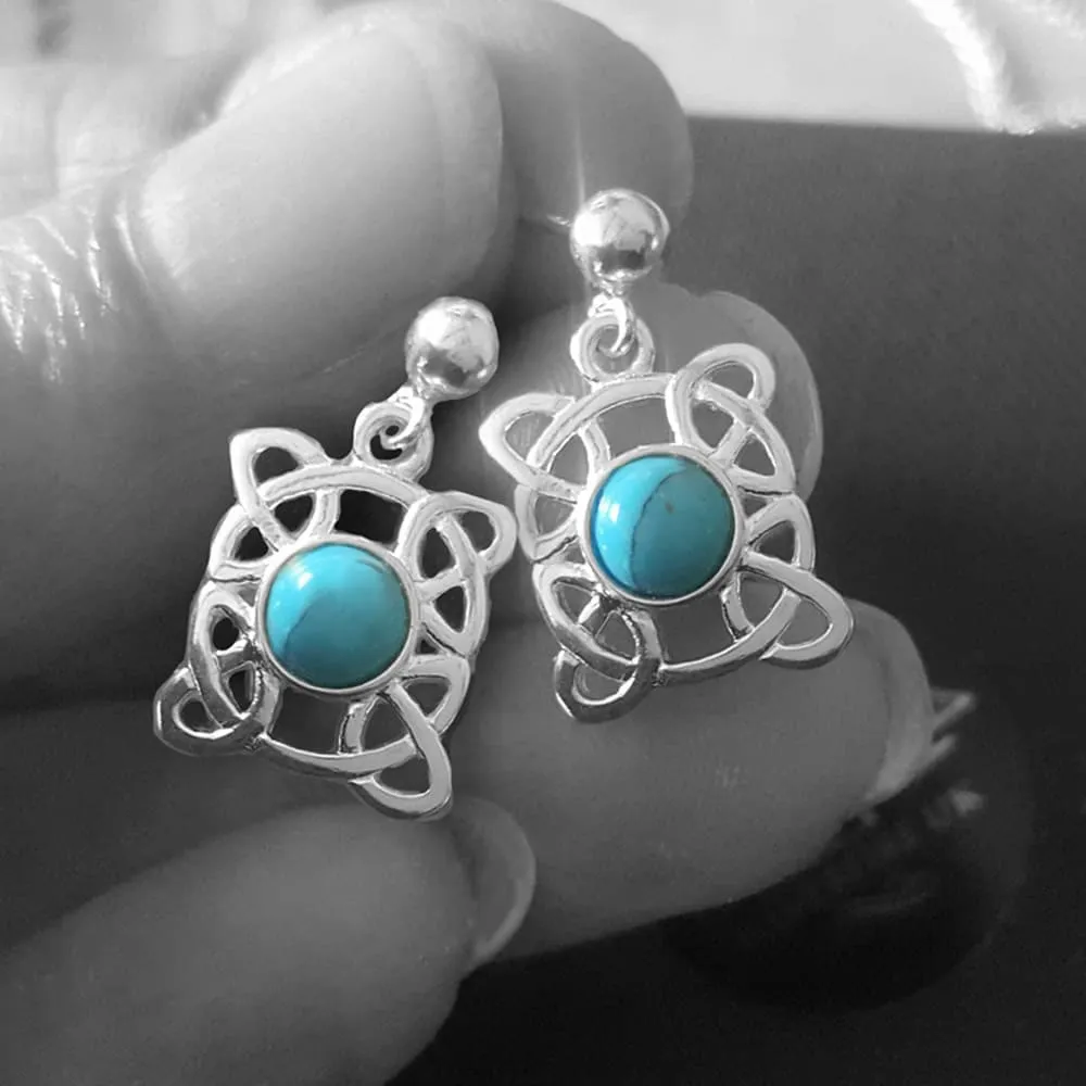 Rectangle Celtic Earrings, Silver With Turquoise Gemstone