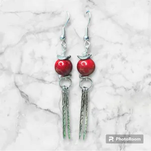 Red Gemstone with Silver Long Sword Dangles Earrings