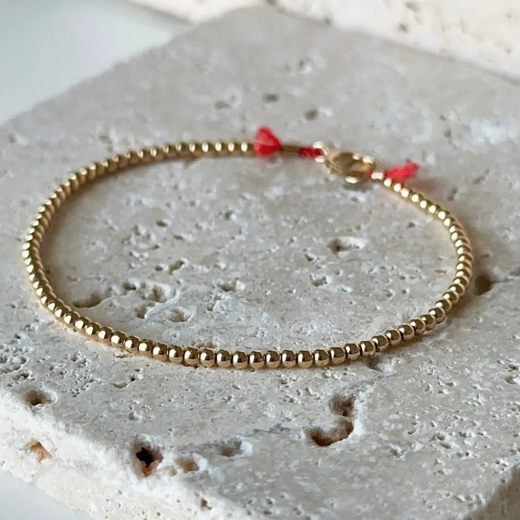 Red Silk and 14k Solid Gold Tiny Beaded Bracelet Clasp