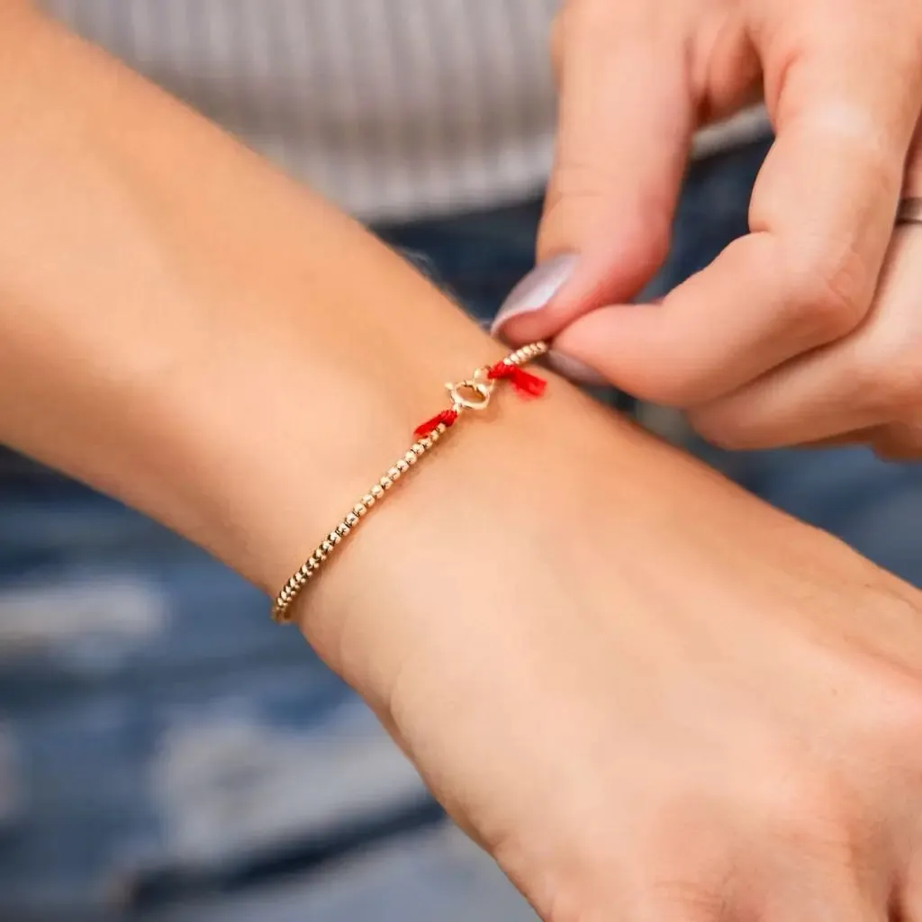 Red Silk and 14k Solid Gold Tiny Beaded Bracelet Clasp