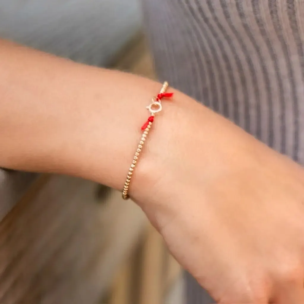 Red Silk and 14k Solid Gold Tiny Beaded Bracelet Clasp