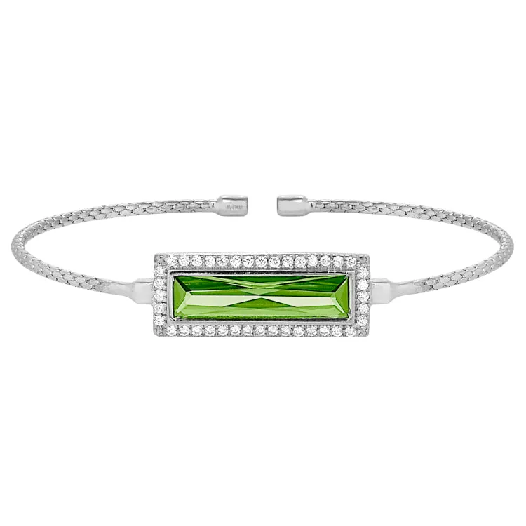 Rhodium Finish Sterling Silver Cable Cuff Bracelet with Rectangular Simulated Peridot Stone and Simulated Diamonds