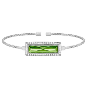 Rhodium Finish Sterling Silver Cable Cuff Bracelet with Rectangular Simulated Peridot Stone and Simulated Diamonds