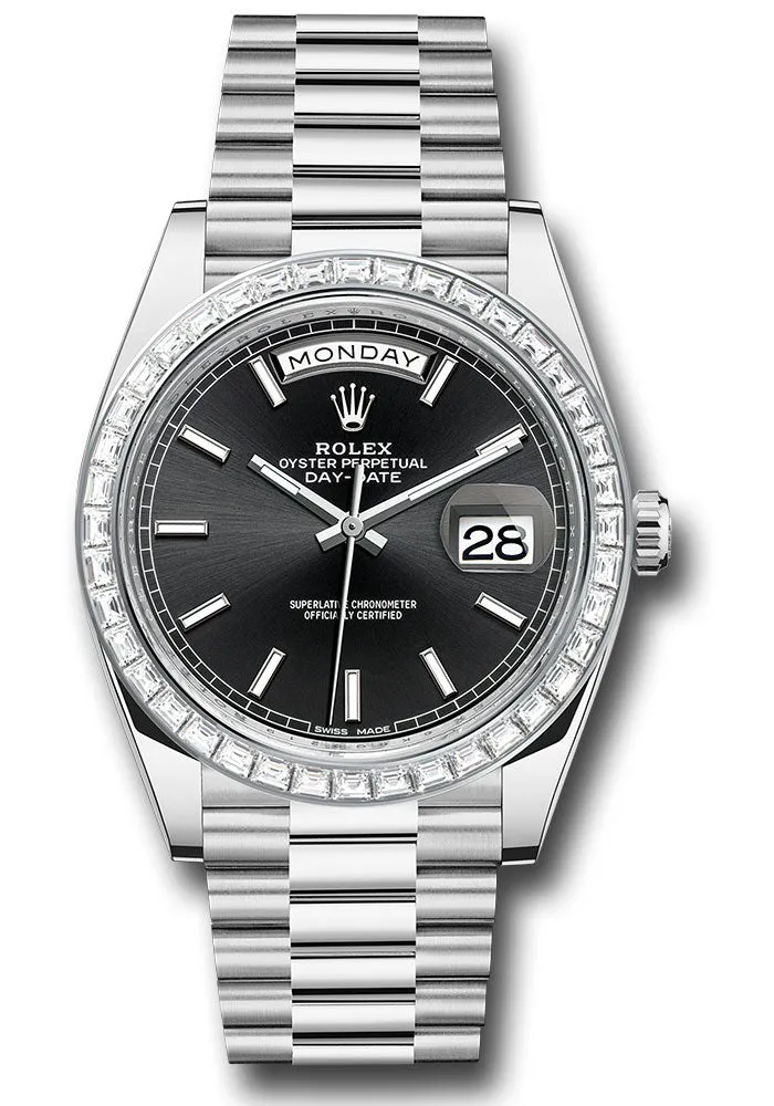 Rolex 950 Platinum Day-Date 40 Watch - Baguette Diamond Bezel - Black Index Dial - President Bracelet - 228396TBR bkip