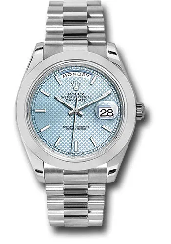 Rolex 950 Platinum Day-Date 40 Watch - Smooth Bezel - Ice Blue Diagonal Motif Index Dial - President Bracelet - 228206 ibdmip