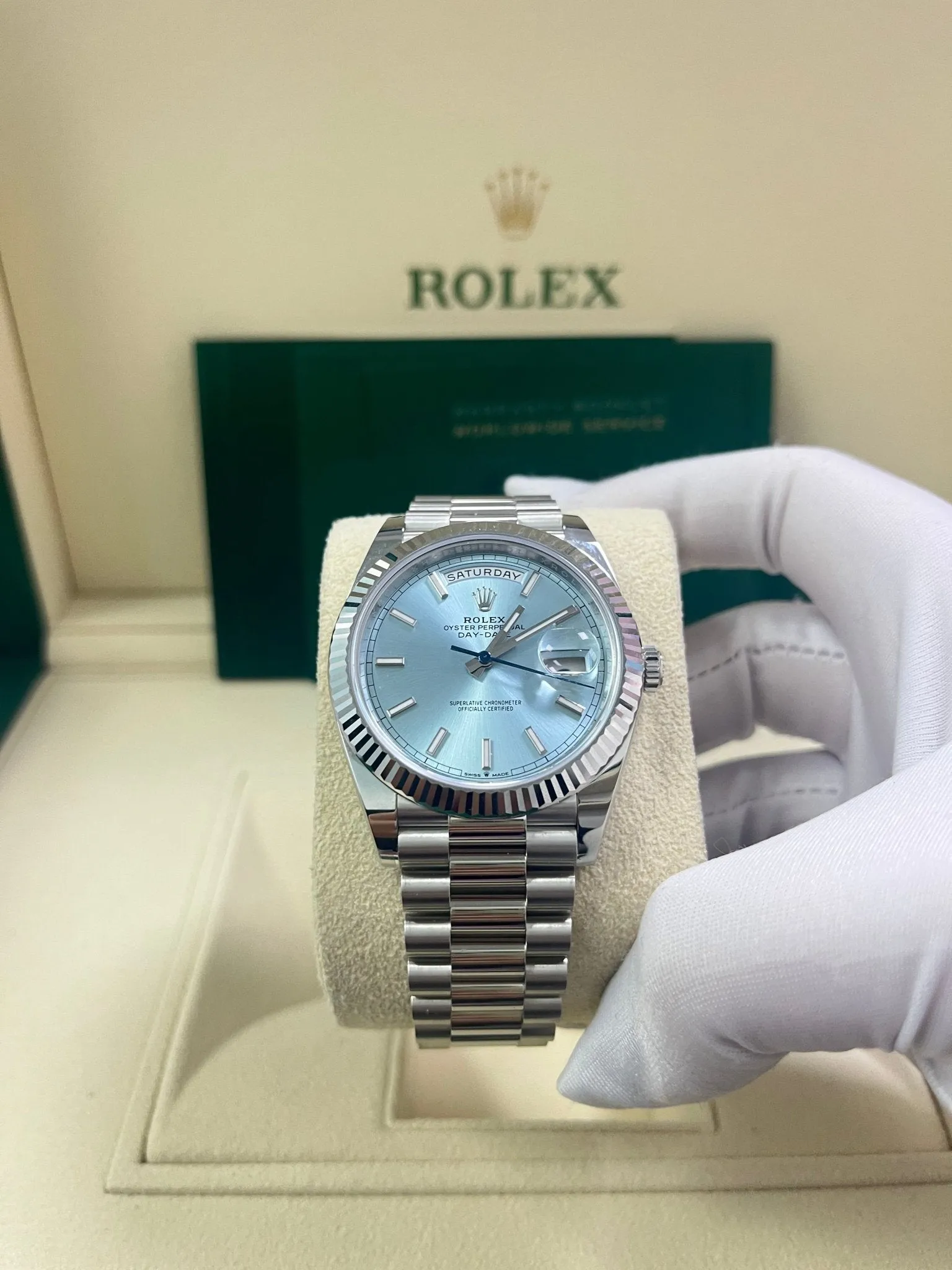 Rolex Day-Date 40 Platinum Day-Date 40 Watch - Fluted Bezel - Ice Blue Index Dial President Bracelet 228236