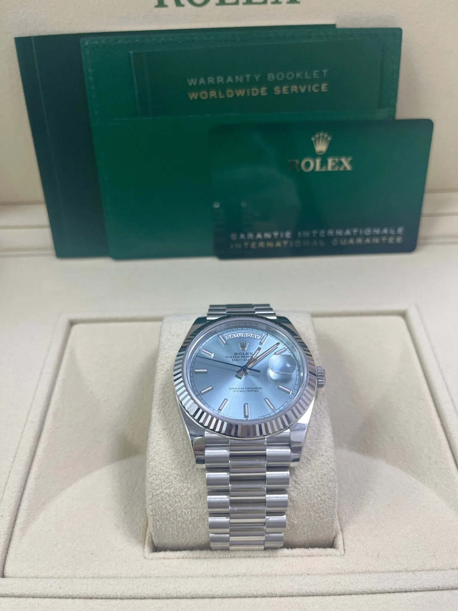 Rolex Day-Date 40 Platinum Day-Date 40 Watch - Fluted Bezel - Ice Blue Index Dial President Bracelet 228236