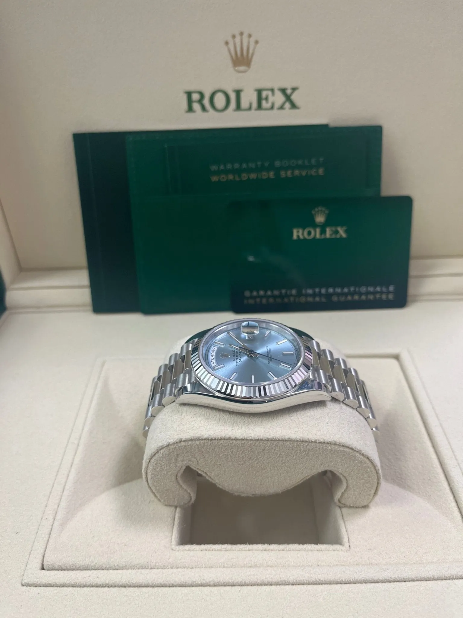 Rolex Day-Date 40 Platinum Day-Date 40 Watch - Fluted Bezel - Ice Blue Index Dial President Bracelet 228236