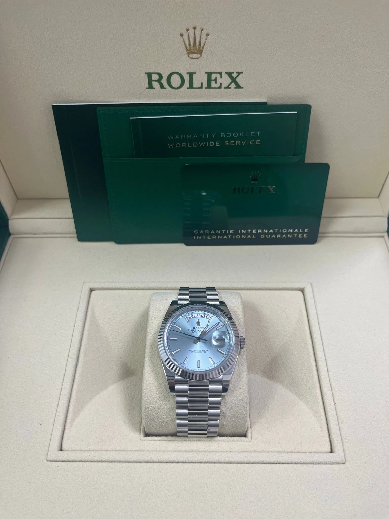 Rolex Day-Date 40 Platinum Day-Date 40 Watch - Fluted Bezel - Ice Blue Index Dial President Bracelet 228236