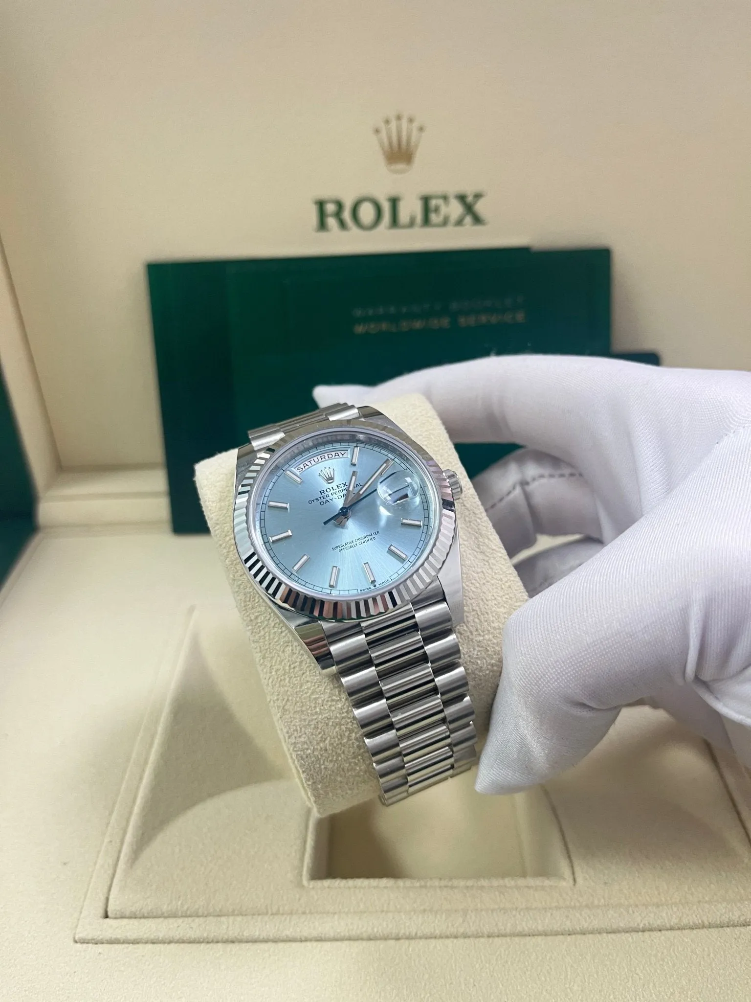 Rolex Day-Date 40 Platinum Day-Date 40 Watch - Fluted Bezel - Ice Blue Index Dial President Bracelet 228236