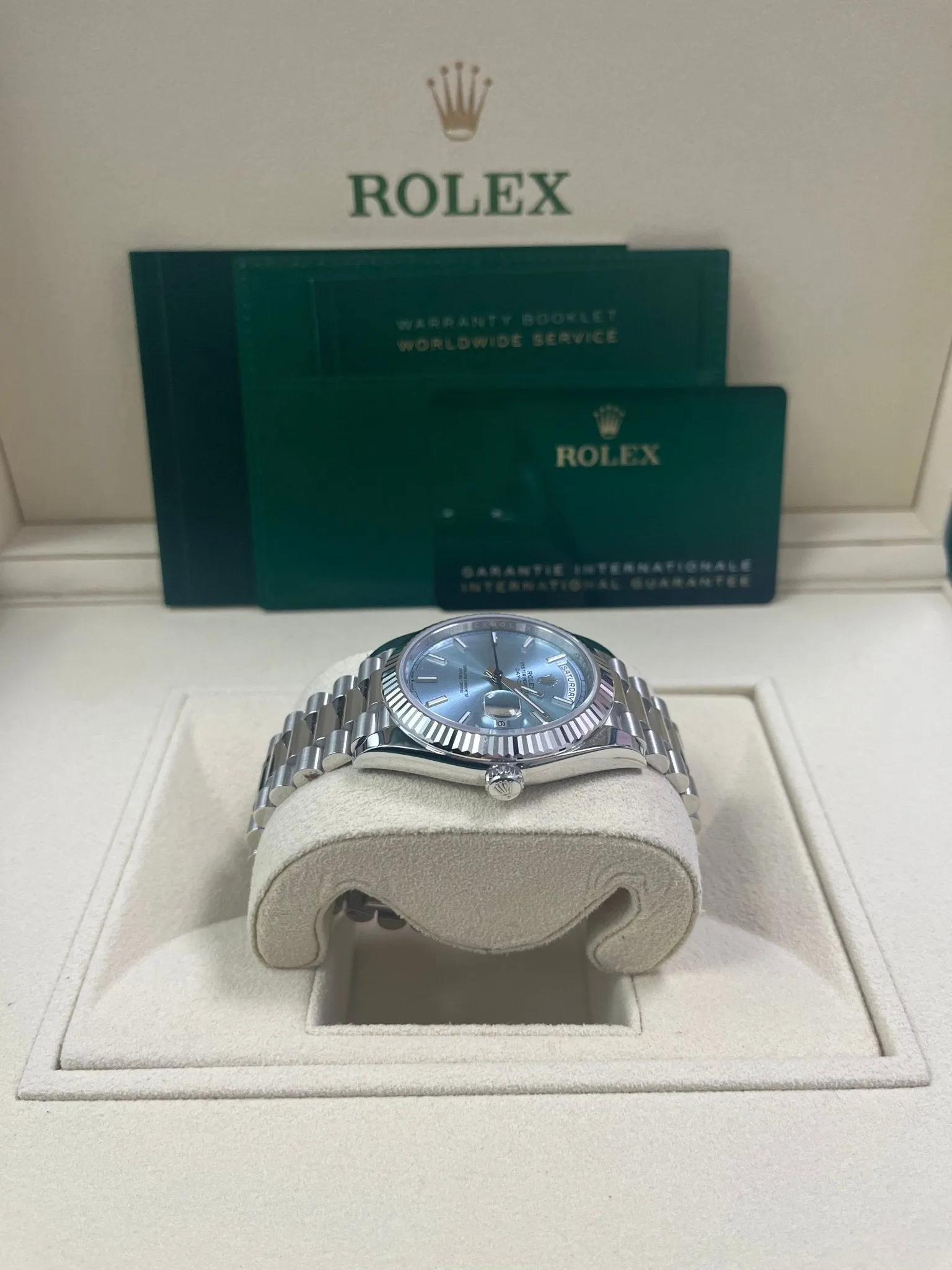 Rolex Day-Date 40 Platinum Day-Date 40 Watch - Fluted Bezel - Ice Blue Index Dial President Bracelet 228236