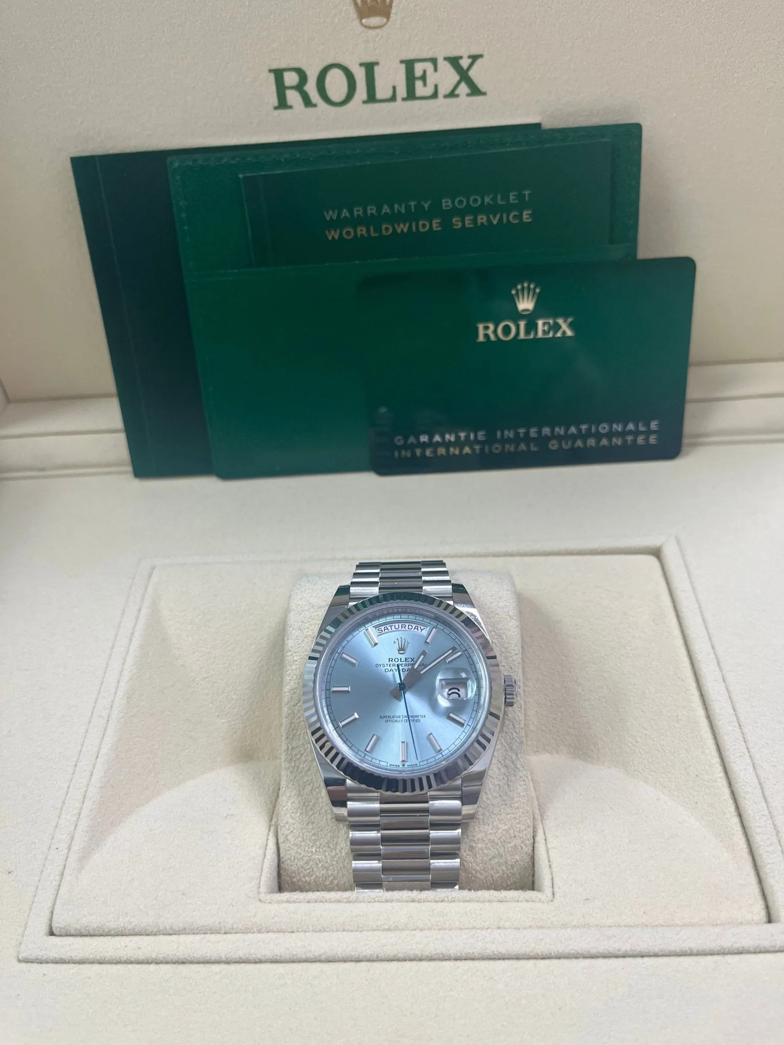 Rolex Day-Date 40 Platinum Day-Date 40 Watch - Fluted Bezel - Ice Blue Index Dial President Bracelet 228236