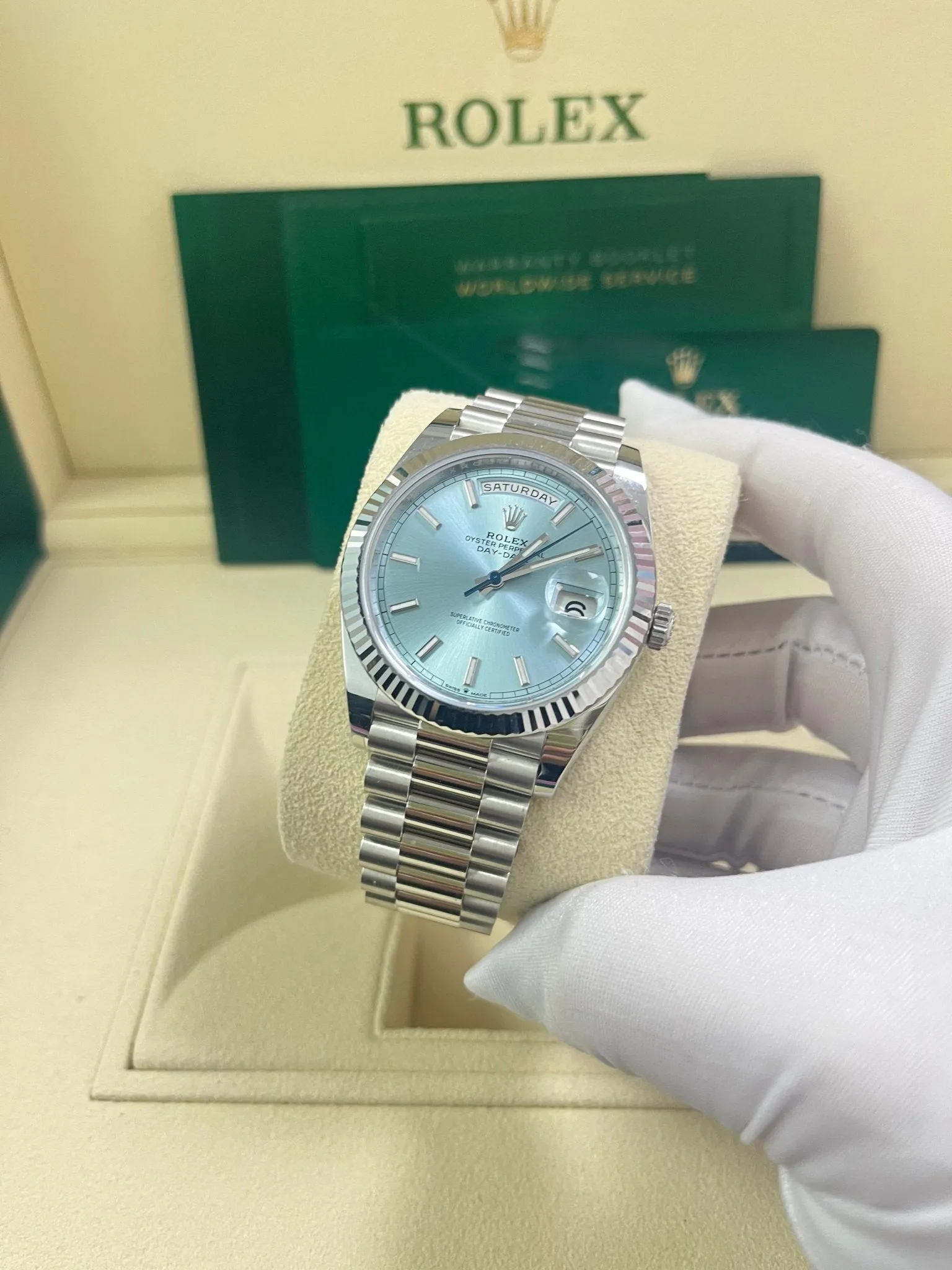 Rolex Day-Date 40 Platinum Day-Date 40 Watch - Fluted Bezel - Ice Blue Index Dial President Bracelet 228236